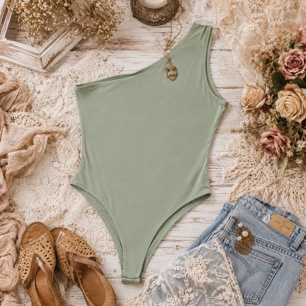 Zara‎ Matcha Seafoam Green One Shoulder Long Sleeve Bodysuit Size S